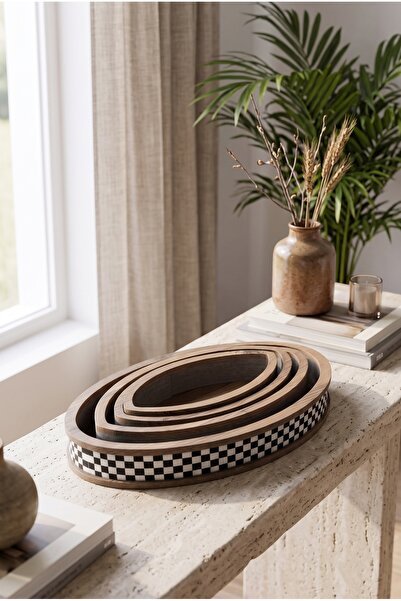 ROYALGROSS 4 Adet Modern Pötikare Damalı Ahşap Oval Sunum Organizer Tepsi Seti