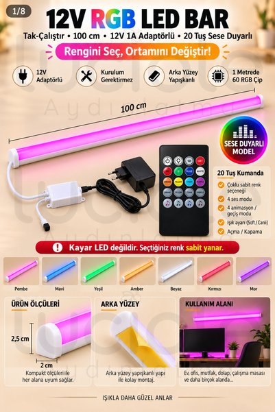 luciole 100 CM ColorBar RGB LED Bar 12V 12W 20 Tuş Sese Duyarlı Kumandalı Ada...