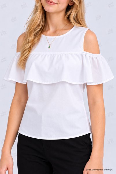Minimoda Kids Bluză albă pentru fete, cu volane și decolteu pe umeri