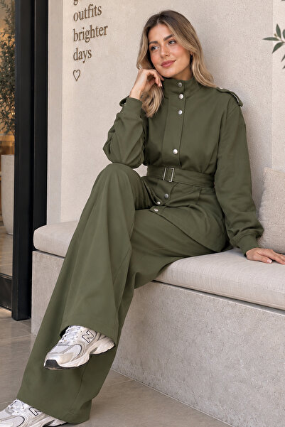 benguen High Collar Zippered Double Suit Set A1417 Khaki