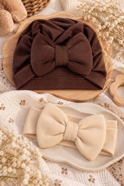 Pico Baby Bow-Tie Baby Brown Bonnet and Cream Bandana Set of 2
