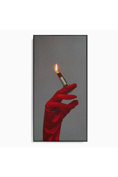 Luxcanva Tablou Canvas Ruj Aprins 70x140 cm cu Rama Negru Rosu Foc MakeUp