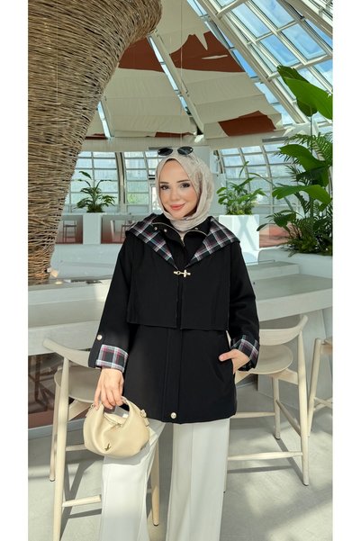 Modam Bella Plaid Hooded Detailed Zippered Women's Trench Coat