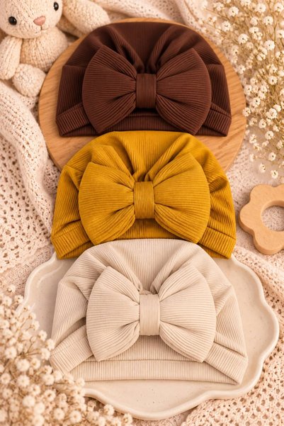 Pico Baby Bow-Tie Baby Bonnet Set of 3 (Brown/Mustard/Cream)