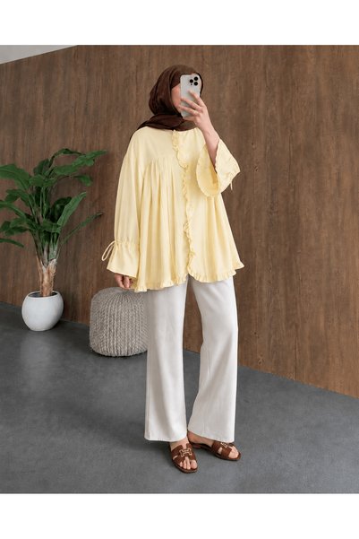 Hepsi Moda Ruffled Front Lace-Up Sleeve Shirt - 31111- Yellow