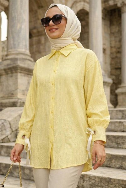 N.S NEVA STYLE Yellow Hijab Tunic with Lace Detail 53701Sr