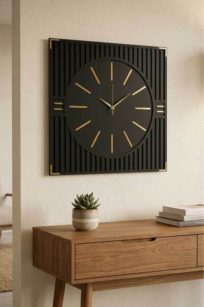 HediyeHanesi Modern Dekoratif Gold Pleksi Detaylı Ahşap Duvar Saati - 50cm- S...