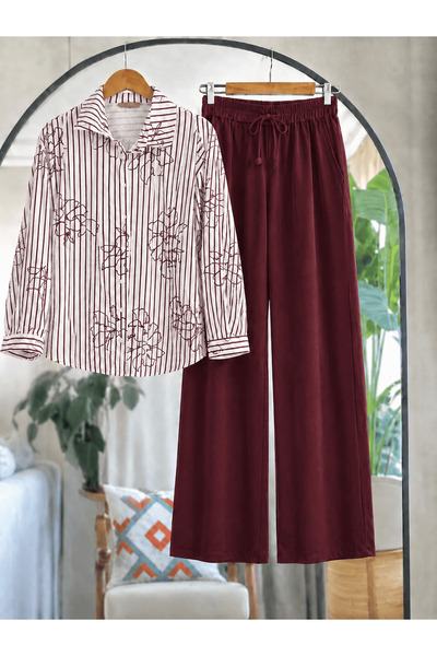 Hepsi Moda Floral Patterned Striped Trouser Suit - 5151 - Burgundy
