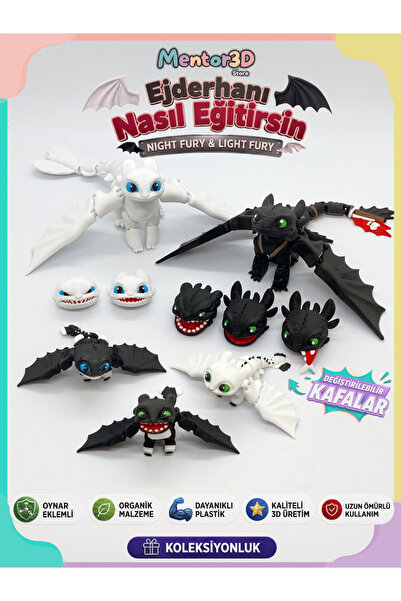 Mentor 3D Store Dişsiz & Işığın Öfkesi ve Yavruları Oyuncak Figür Ejderhanı N...