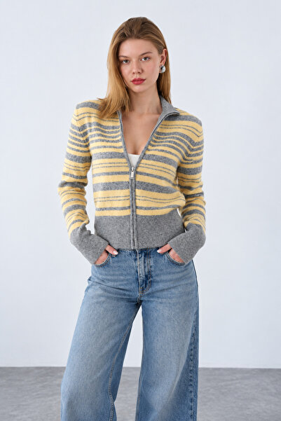 Lupies Women's Striped Zippered Wool Knitwear Cardigan