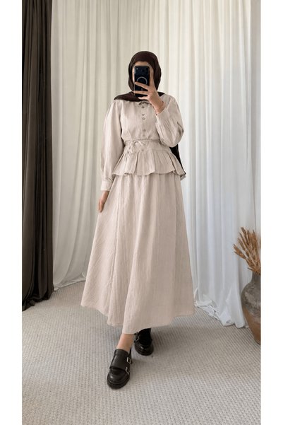 Hepsi Moda Ruffle Shirt Set - 2512 - Beige