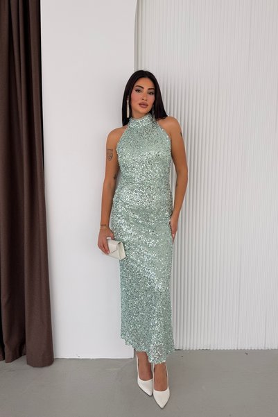 İyem Abiye Şıkır Şıkır Halter Yaka Payetli Abiye Elbise
