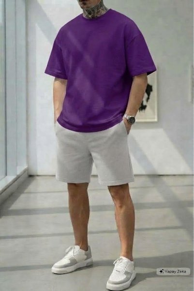 CAST COLLECTİON Men's Purple Oversize Loose Fit Tshirt Black Shorts Set