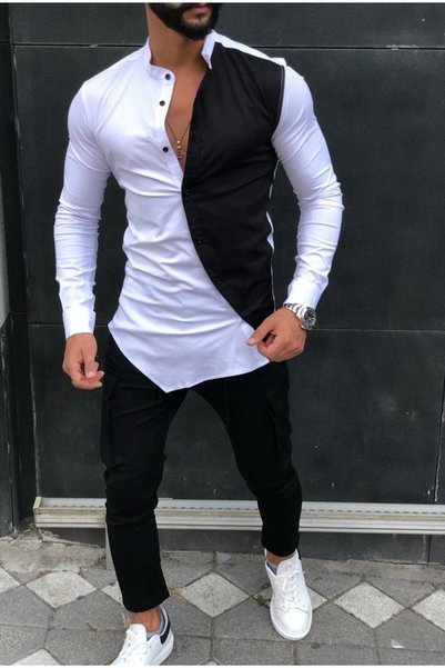 BAYIM Çift Renk Asimetrik Blok Tasarım Hakim Yaka Slim Fit Lüks Gömlek Erkek