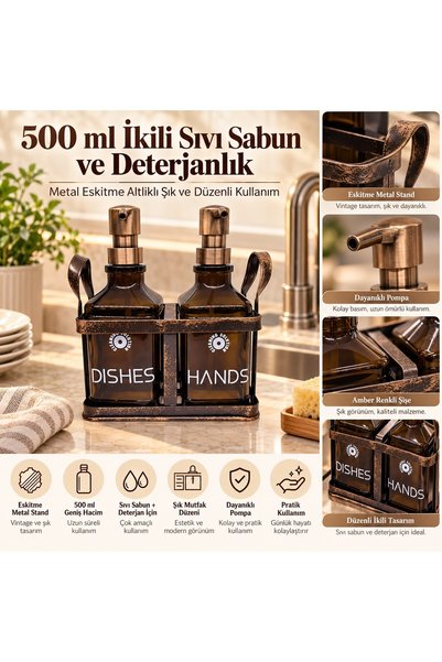 DAMMERUN Bronz Metal Standlı İkili Cam Deterjanlık ve Sıvı Sabunluk Seti - "D...