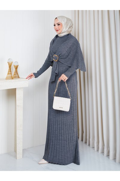 EFSUN MODA Women's Cloak with Pleated Detail and Brooch Detail Long Knitted Dress