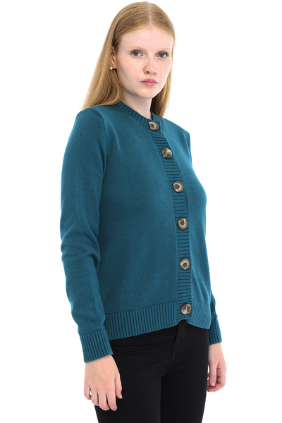 Trist Star Petrol Women's 100% Cotton Plain Knit Buttoned Crew Neck Knitwear Cardigan Trist-6171