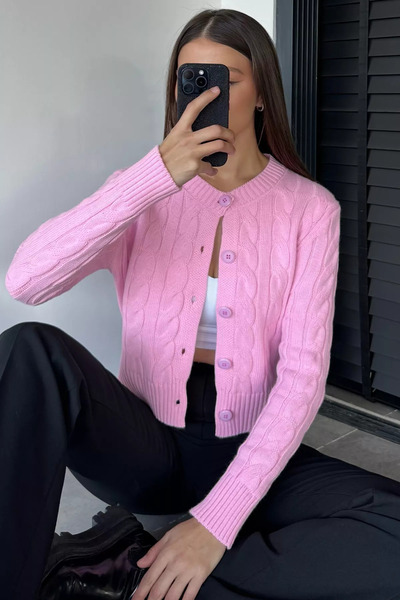 TOZLU Pembe Örgü Desenli Kadın Triko Hırka (s,m,l Uyumludur)