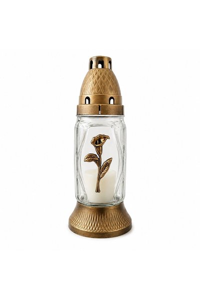 BISPOL Lumânare memorială din sticlă cu un design cu crin cala auriu