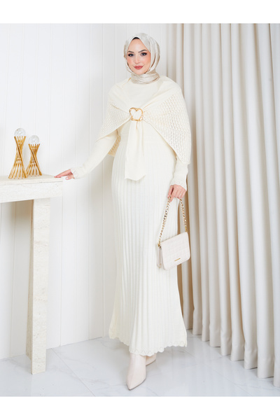 EFSUN MODA Women's Cloak with Pleated Detail and Brooch Detail Long Knitted D...