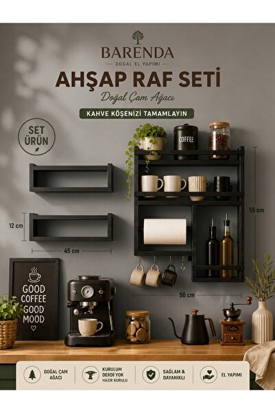 BARENDA Ahşap Baharatlık Terek Kahve Köşesi Duvar Rafı Set { SİYAH HAZIR KURU...