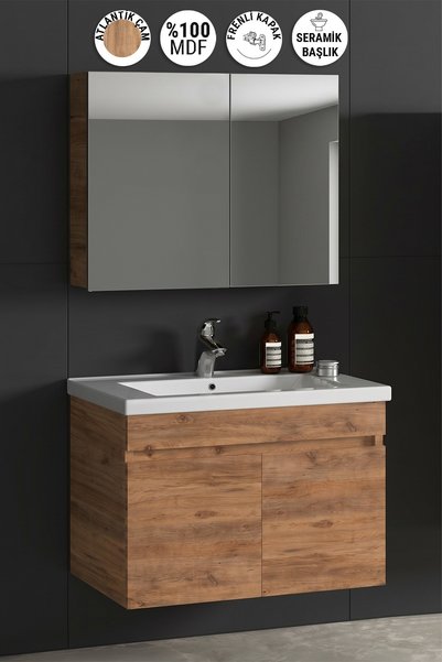 ÖZCEDEN Çiğdem 80 cm Atlantik Çam MDF Seramik Lavabolu Asma Banyo Dolabı Takımı