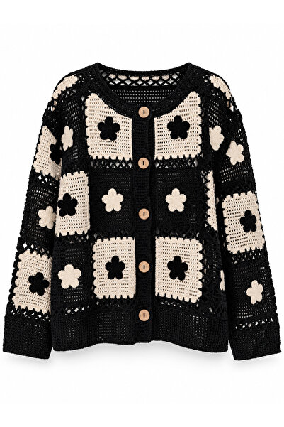 Retrobird Lottie Floral Motif Buttoned Crochet Cardigan Women's Black