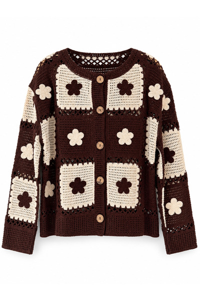 Retrobird Lottie Floral Motif Buttoned Crochet Cardigan Women's Brown