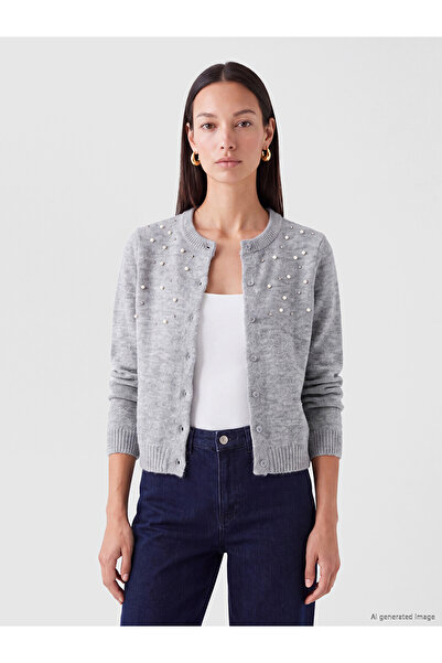 LC Waikiki Alita City Gray Knitwear Embroidered Short Women's Cardigan with a...