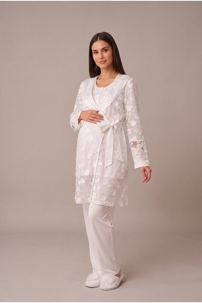 LOHOUSE Women's Ecru Lace Robe and Maternity Pajama Set for Easy Breastfeeding