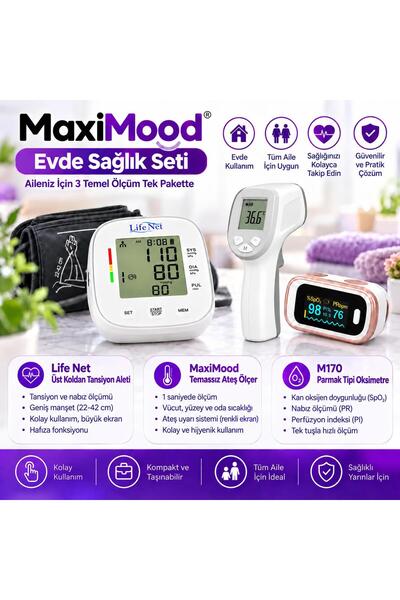 MaxiMood 3’lü Evde Sağlık Seti - Tansiyon Aleti, Ateş Ölçer, Oksimetre
