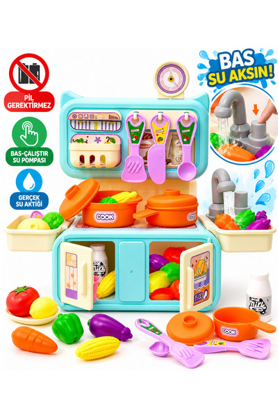 LRS STORE Mini Oyuncak Mutfak Seti | 20+ Parça Musluklu Sulu Mutfak | Basmalı...