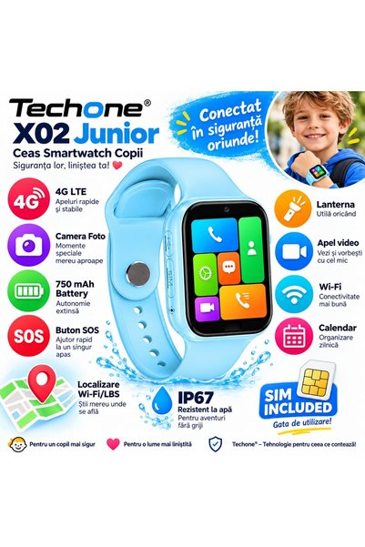 Techone Детски смарт часовник с W-Fi/LBS локация, Телефон X02 Junior, 1.83 ин...