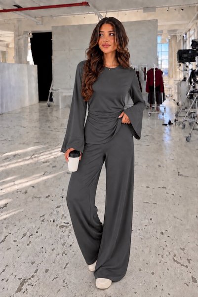 peri tower Women's Modal Double Suit with String Detail on the Back, Flounce Sleeves and Wide Legs 0247