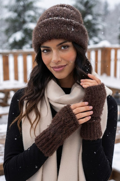 Ritagarcia Women's Plush Furry Ribbed Beanie and Fingerless Gloves Set