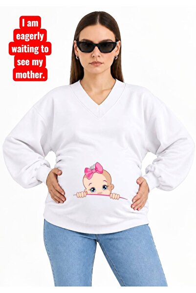 HELLO ROMA 3 Yarn Combed Cotton Printed Maternity V-Neck Sweatshirt Jr1