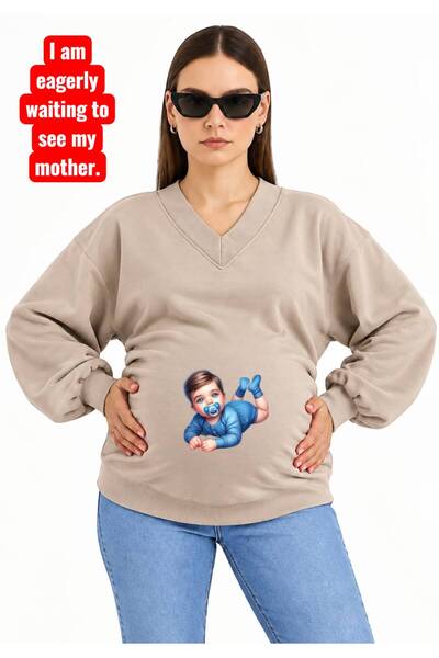 HELLO ROMA 3 Yarn Combed Cotton Printed Pregnant Women's V-Neck Sweatshirt Jr5