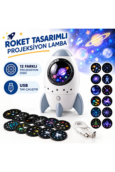İMEXTECH Roket Tasarımlı USB Projeksiyon Lamba 12 Diskli Uzay Temalı Gece Lambası