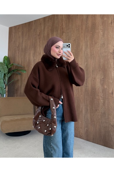Adalenna Moda Kürk Yaka Çift Fermuarlı Üst Kalite Triko Hırka