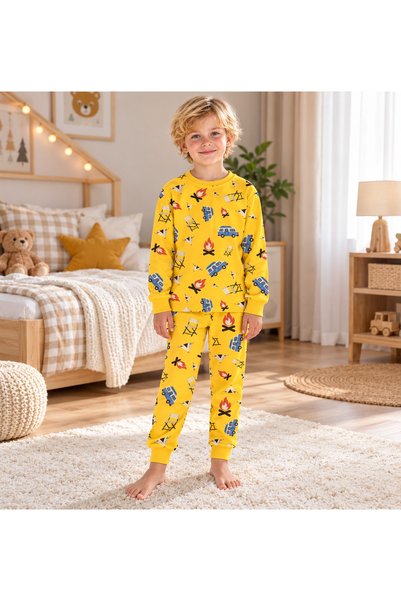 pijamino Boy's 100% Cotton Diamond Kids Yellow Camp Car Patterned Long-Sleeve Pajama Set