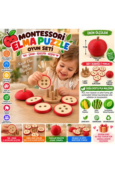 NİLCANDLE Montessori Elma Puzzle Oyunu Eğitici Oyuncak 7 Parça Zeka ve El Bec...