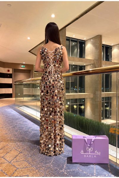 BAKLAFASHO Long Sleeveless Evening Dress Covered with Big Sequins with Corset Tie Back - Gold