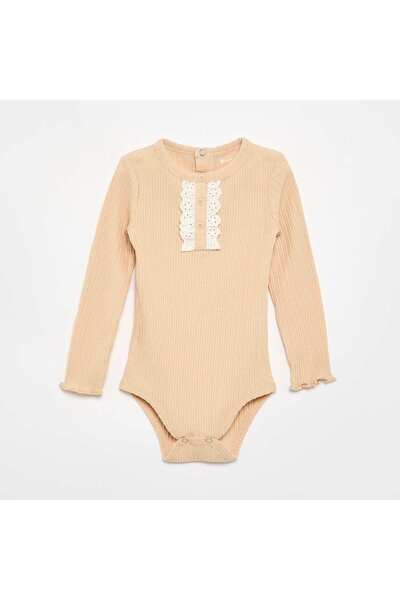 KIABI Ribbed Knit Bodysuit With Eyelet Embroidery Beige