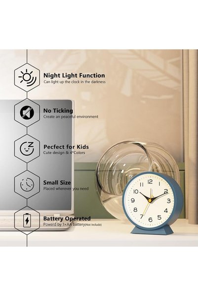 JOYZZZ Analog Alarm Clock, Blue Vintage Silent Non-Ticking Desk Clock, Basic Bedroom Clock, Travel A