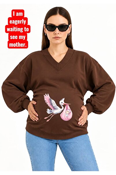 HELLO ROMA 3 Yarn Combed Cotton Baby Printed Pregnant Women's V-Neck Sweatshi...