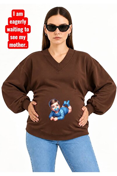 HELLO ROMA 3 Yarn Combed Cotton Printed Pregnant Women's V-Neck Sweatshirt Jr5