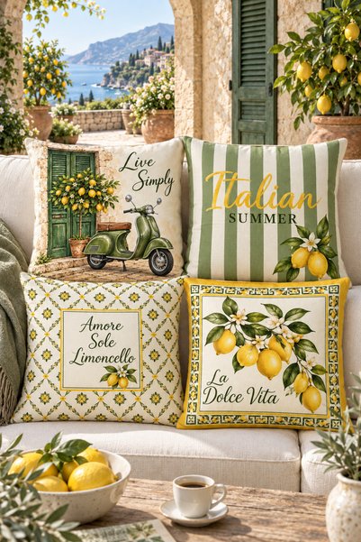 Daniel Home Design Limon İtalyan Esintisi Desenli Kırlent Kılıfı | 4’lü Kombi...