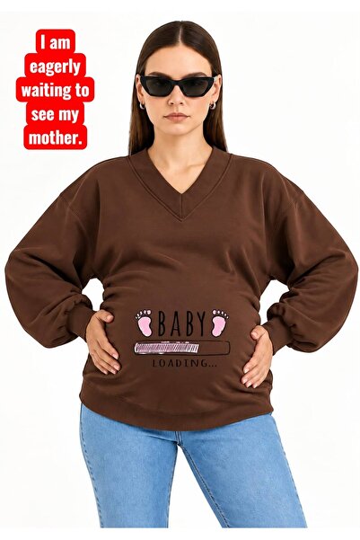 HELLO ROMA 3 Yarn Combed Cotton Baby Loadi̇ng Printed Pregnant V-Neck Sweatsh...