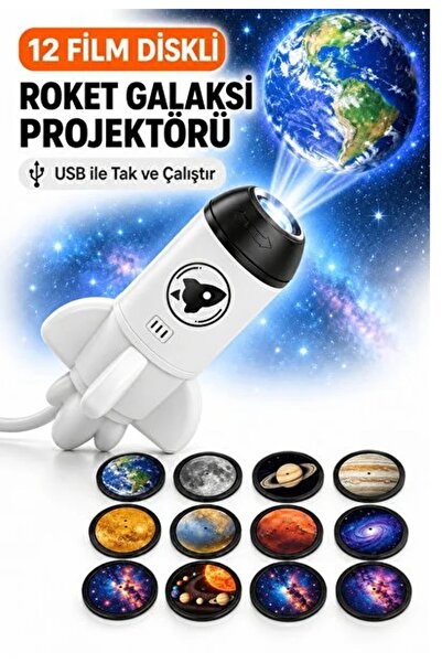 İMEXTECH Roket Tasarımlı USB Projeksiyon Lamba 12 Diskli Uzay Temalı Gece Lambası