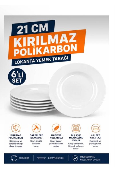 Adalinhome Polikarbon Kırılmaz Klasik Yemek Tabağı 21 cm (6 ADET)